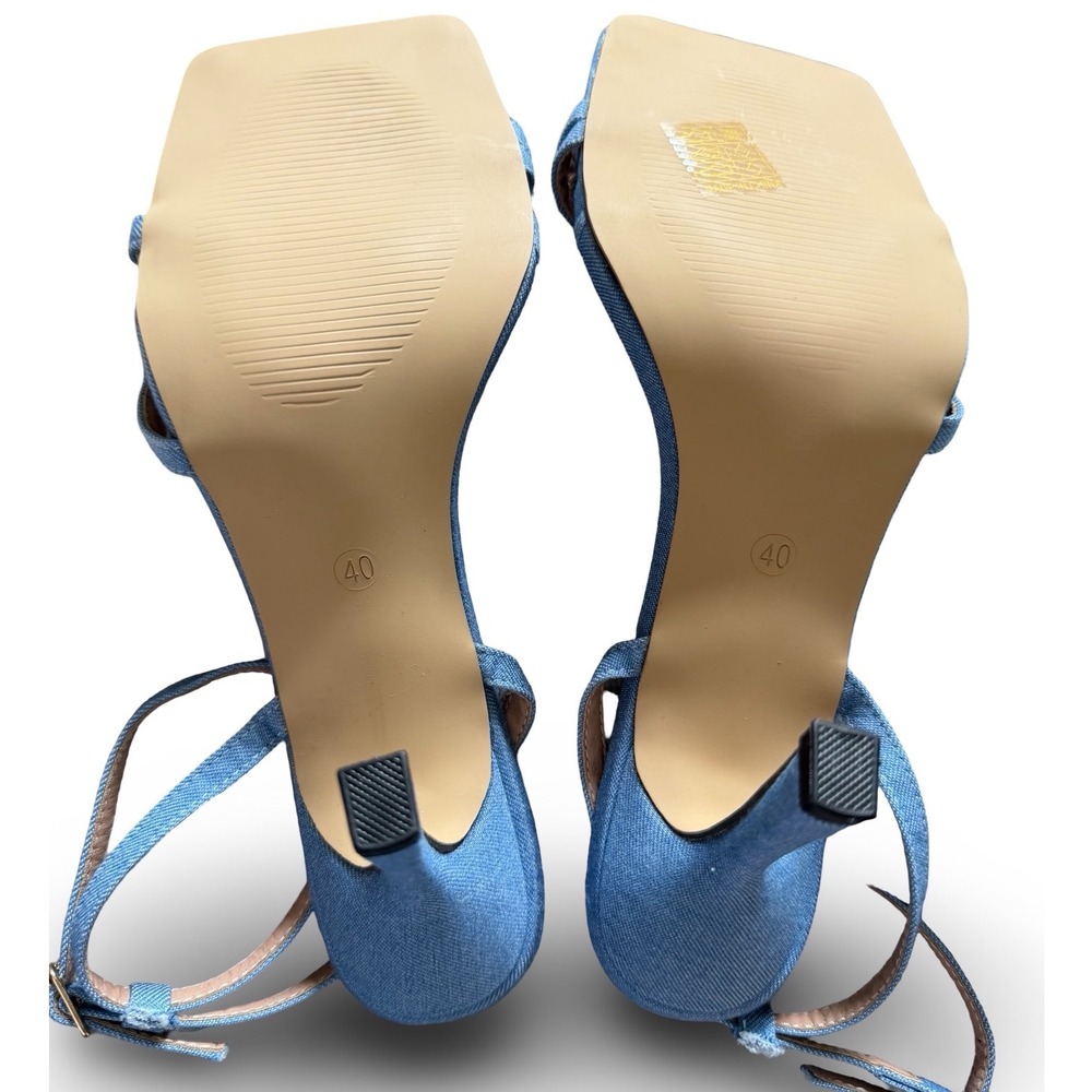 Light Blue Denim Strappy Square Toe Stiletto Heels Ankle Strap Sandals Sz 9 NEW - Picture 2 of 13